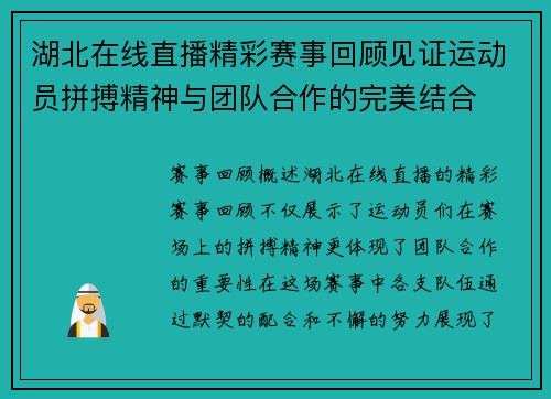 湖北在线直播精彩赛事回顾见证运动员拼搏精神与团队合作的完美结合